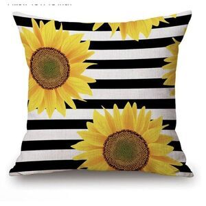 Black and White Striped Sunflower Creative Yellow Decorative Throw Pillow Cov...